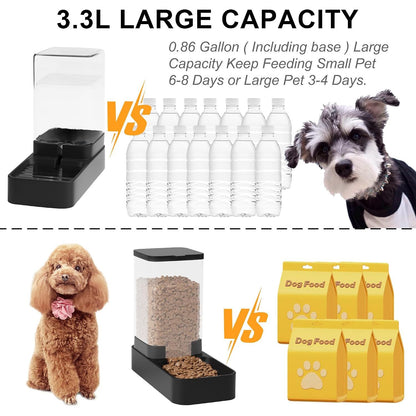 Automatic Feeder and Water Dispenser Set with Pet Food Bowl and Gravity Waterer for Small to Medium Dogs and Cats, 3.3L Capacity (Black)