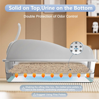Extra-Large Stainless Steel Litter Box with Lid - Ideal for Large Cats, High Sides, Leak-Proof Design, and Effortless Cleaning