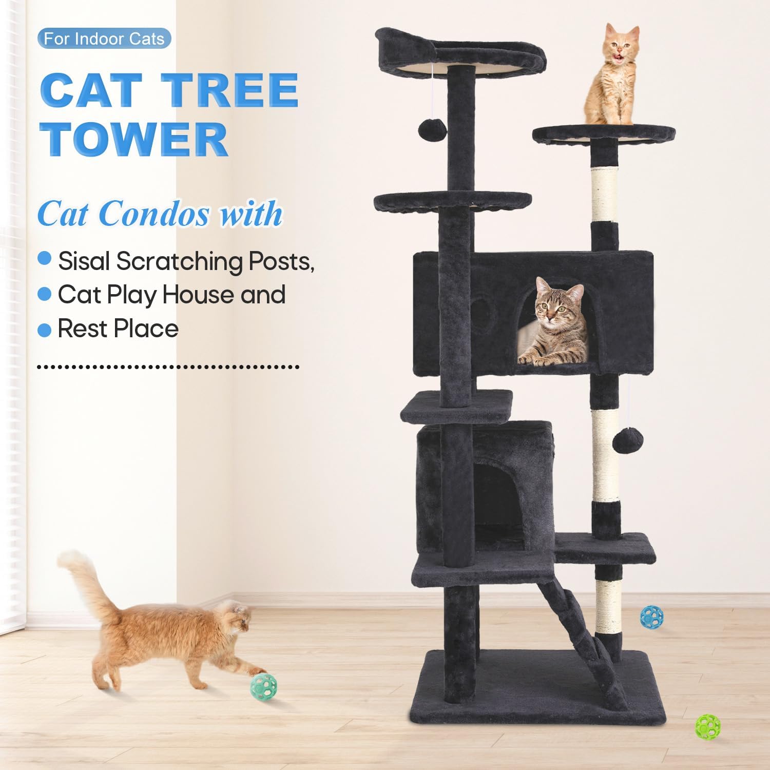 Elevate Playtime: FDW 54-Inch Dark Gray Multi-Level Cat Tree Tower with Scratching Posts, Condos, Plush Perches & Toys – Perfect for Kittens & Cats!