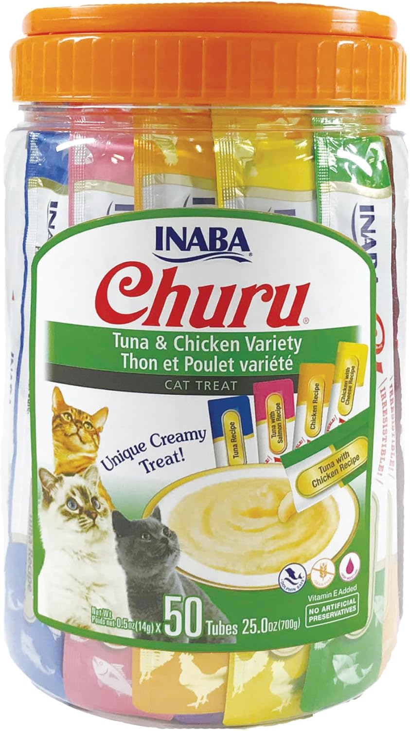 Churu Cat Treats, Grain-Free, Lickable, Squeezable Creamy Purée Cat Treat/Topper with Vitamin E & Taurine, 0.5 Ounces Each Tube, 50 Tubes, Tuna & Chicken Variety