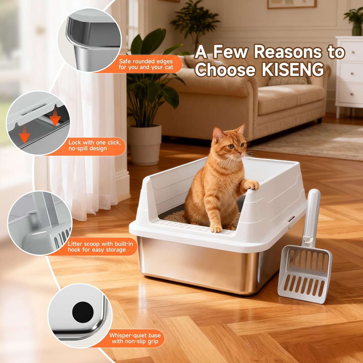 Premium Stainless Steel Cat Litter Box - High Sides, Odor-Free, Easy Access, Includes Scoop, Anti-Scratch & Leak-Proof Design