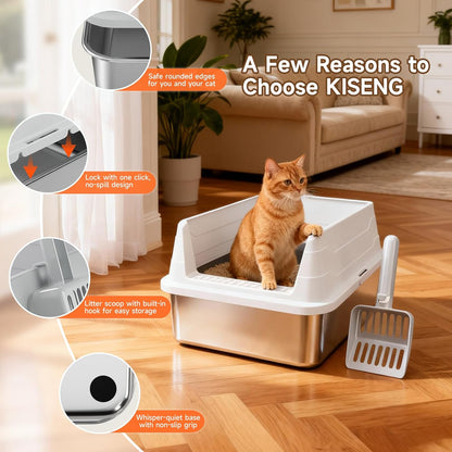 Premium Stainless Steel Cat Litter Box - High Sides, Odor-Free, Easy Access, Includes Scoop, Anti-Scratch & Leak-Proof Design
