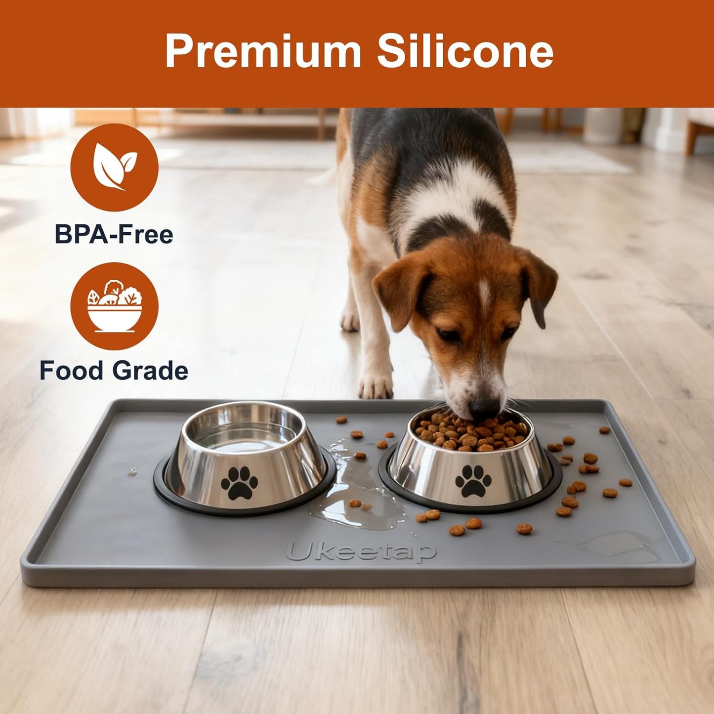 Waterproof Silicone Feeding Mat with Raised Edge, 19” x 12”, BPA-Free Non-Slip Design for Dogs and Cats, Spill-Proof Protection for Floors, Gray