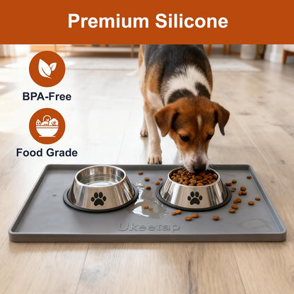 Waterproof Silicone Feeding Mat with Raised Edge, 19” x 12”, BPA-Free Non-Slip Design for Dogs and Cats, Spill-Proof Protection for Floors, Gray