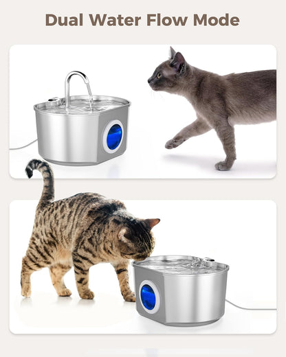 Neareal Stainless Steel Cat Water Fountain - 74Oz/2.2L Automatic Pet Drinking Dispenser with Quadruple Filtration System and Water Level Window