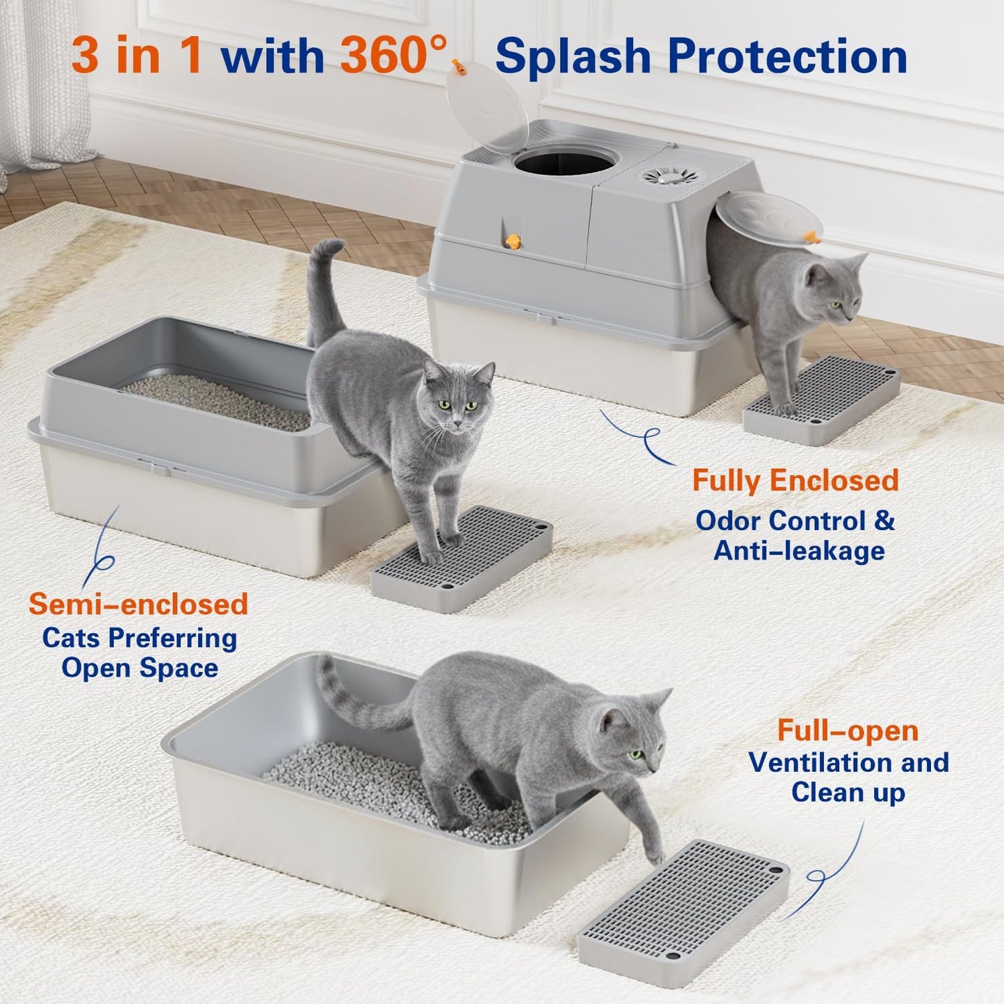 Extra Large XL Stainless Steel Cat Litter Box with Lid - Easy Clean Covered Enclosure with Steps & Scoop