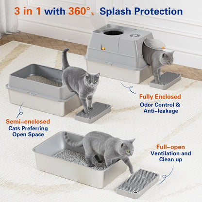 Extra Large XL Stainless Steel Cat Litter Box with Lid - Easy Clean Covered Enclosure with Steps & Scoop