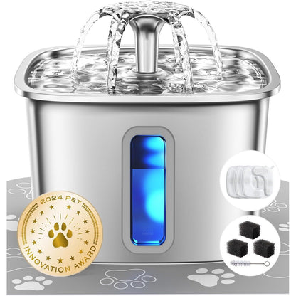 Premium Stainless Steel Automatic Pet Water Fountain - 3.2L Capacity with 3 Filters & Silicone Mat for Cats & Dogs - Award-Winning Silver Design