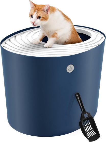 USA Cat Litter Box, Large Top Entry with Litter Catching Lid and Scoop, Dog Proof, Cat Box Enclosure, Beige/White