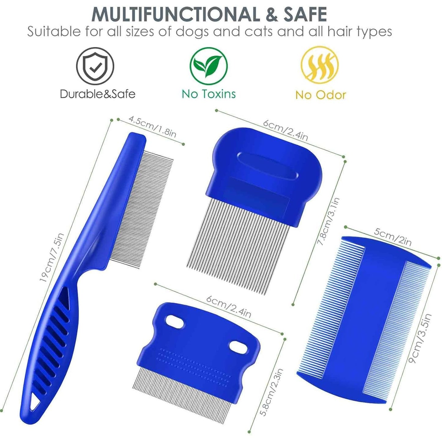 4-Pack Professional Stainless Steel Flea and Lice Combs for Dogs and Cats - Double-Sided Grooming Tools with Rounded Teeth for Dematting and Tear Stain Removal