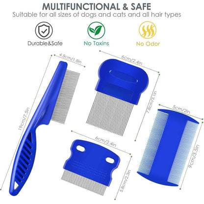 4-Pack Professional Stainless Steel Flea and Lice Combs for Dogs and Cats - Double-Sided Grooming Tools with Rounded Teeth for Dematting and Tear Stain Removal