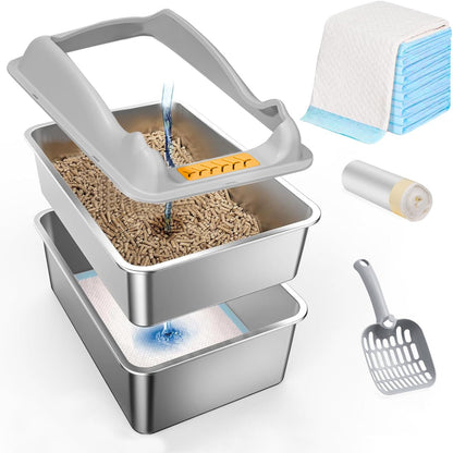 Extra-Large Stainless Steel Litter Box with Lid - Ideal for Large Cats, High Sides, Leak-Proof Design, and Effortless Cleaning