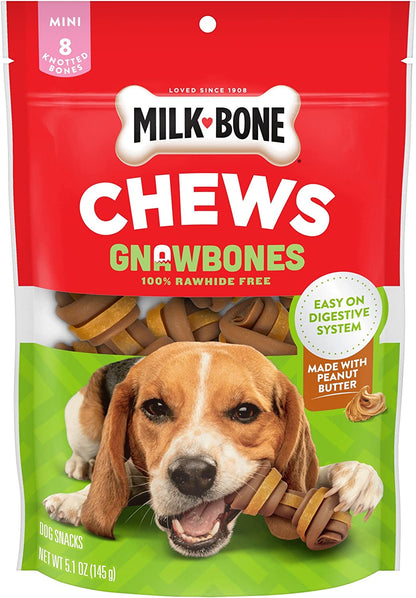 Chews Gnawbones Rawhide Free Dog Treats, Peanut Butter & Chicken, 8 Long Lasting Mini Knotted Bones (Pack of 4)