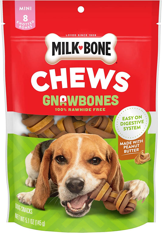 Chews Gnawbones Rawhide Free Dog Treats, Peanut Butter & Chicken, 8 Long Lasting Mini Knotted Bones (Pack of 4)