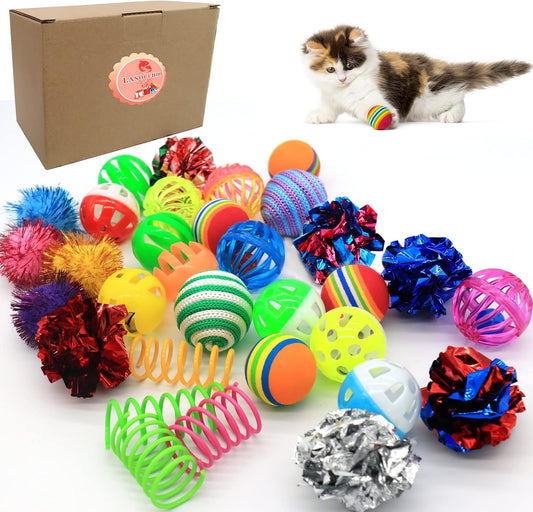 Cat Toys Kitten Assortment - Rainbow, Crinkle, Sparkle, Bell & Sisal Balls for All Cats - 30 Packs