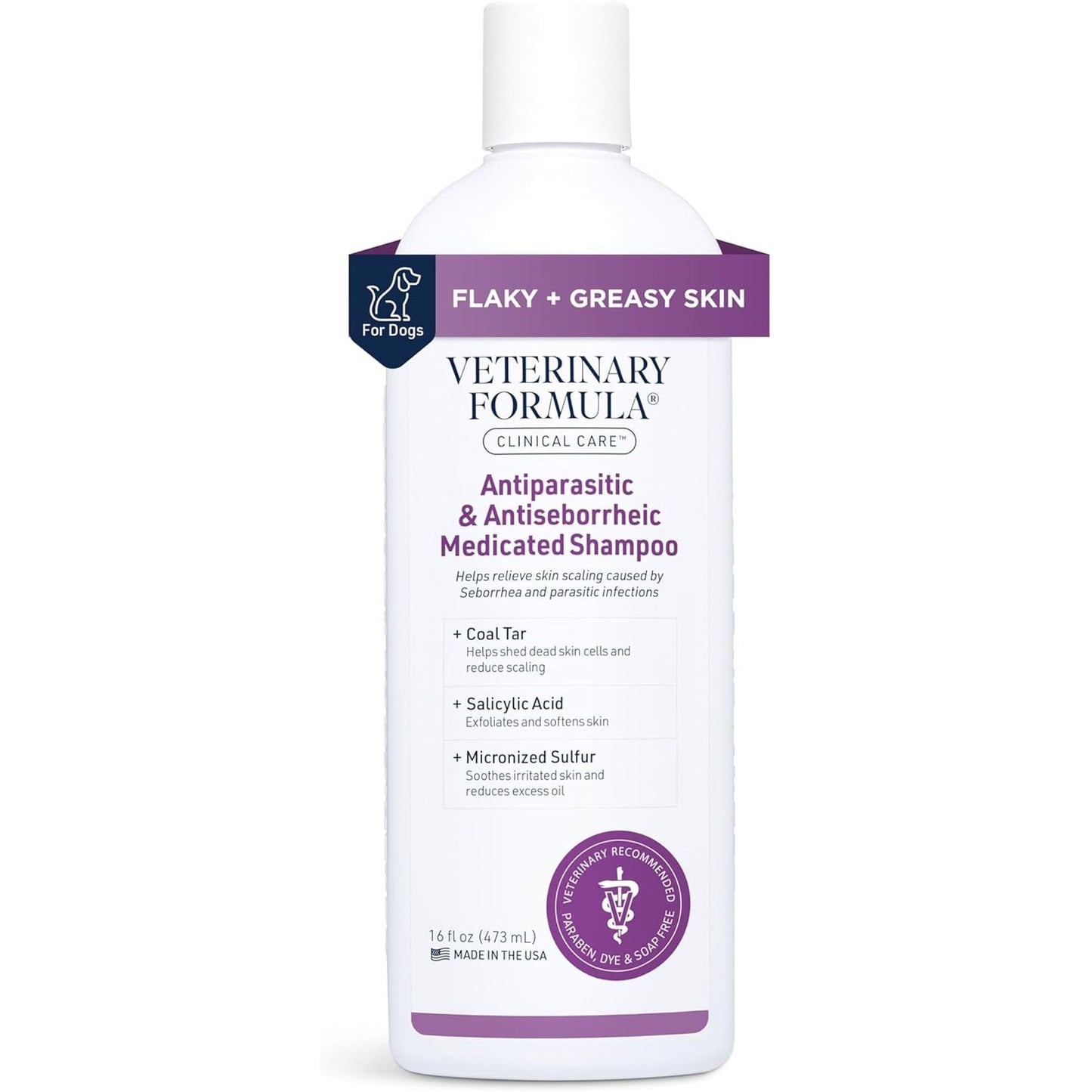 Veterinary Formula Clinical Care Antiparasitic and Antiseborrheic Medicated Dog Shampoo, 16 oz – Paraben-Free, Dye-Free, Soap-Free Hydrating and Antifungal Solution for Dogs