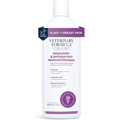 Veterinary Formula Clinical Care Antiparasitic and Antiseborrheic Medicated Dog Shampoo, 16 oz – Paraben-Free, Dye-Free, Soap-Free Hydrating and Antifungal Solution for Dogs