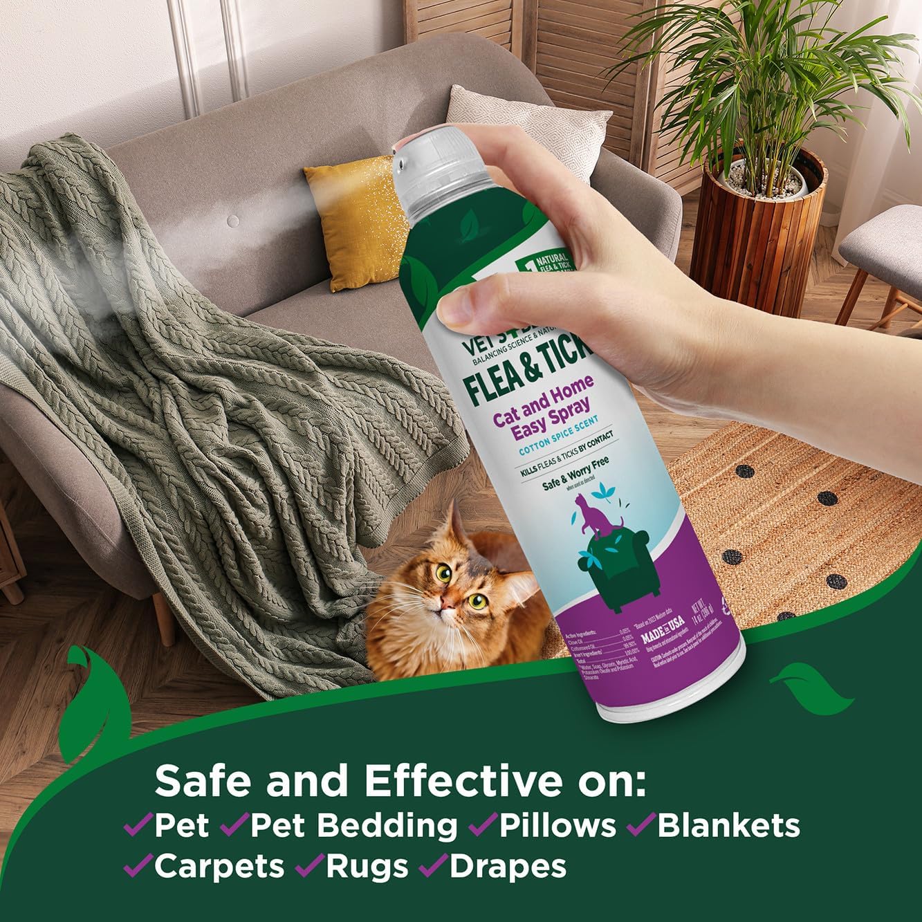 Natural Flea & Tick Easy Spray for Cats – Natural Flea & Tick Prevention with Cotton Spice Scent – Plant-Based Cat Spray with Essential Oils – Gentle Pest Control Formula – 14 Oz Bottle