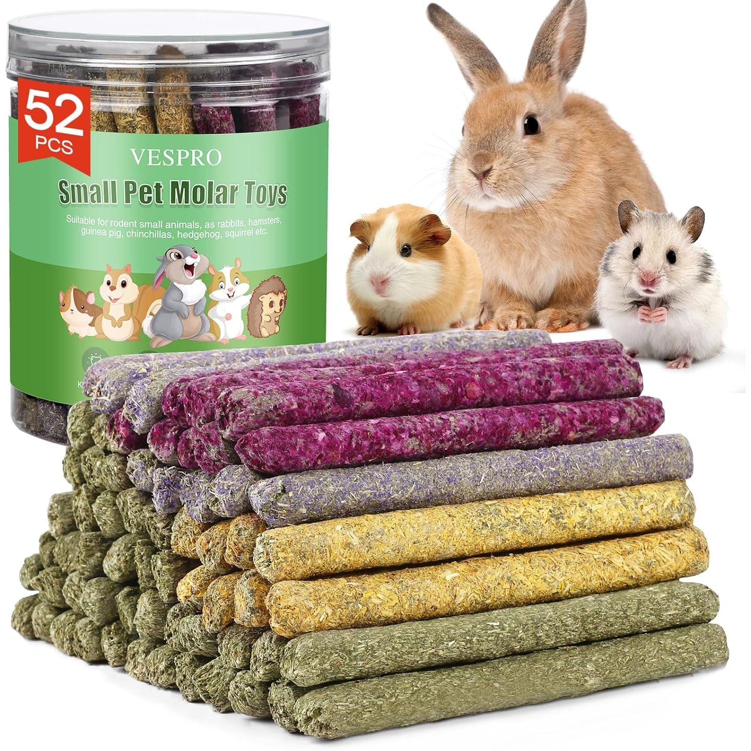 52-Piece Grass Chew Sticks for Small Animals, Enriched with Mixed Flowers, Roses, Calendula, and Forget-Me-Not for Guinea Pigs and Rabbits