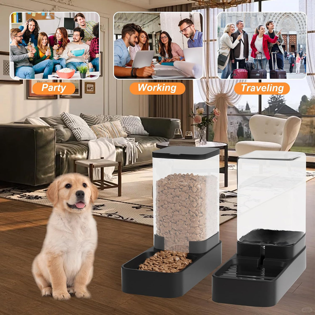 Automatic Feeder and Water Dispenser Set with Pet Food Bowl and Gravity Waterer for Small to Medium Dogs and Cats, 3.3L Capacity (Black)