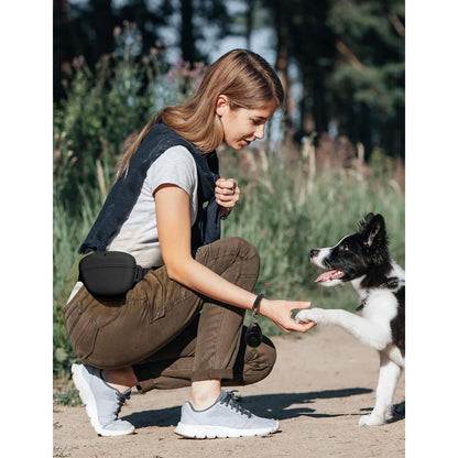 Dog Treat Pouch with Training Clicker and Enhanced Magnetic Closure, 1.67 Cup Silicone Treat Bag Fanny Pack with Adjustable Waist Belt for Pet Training and Walking (Black)