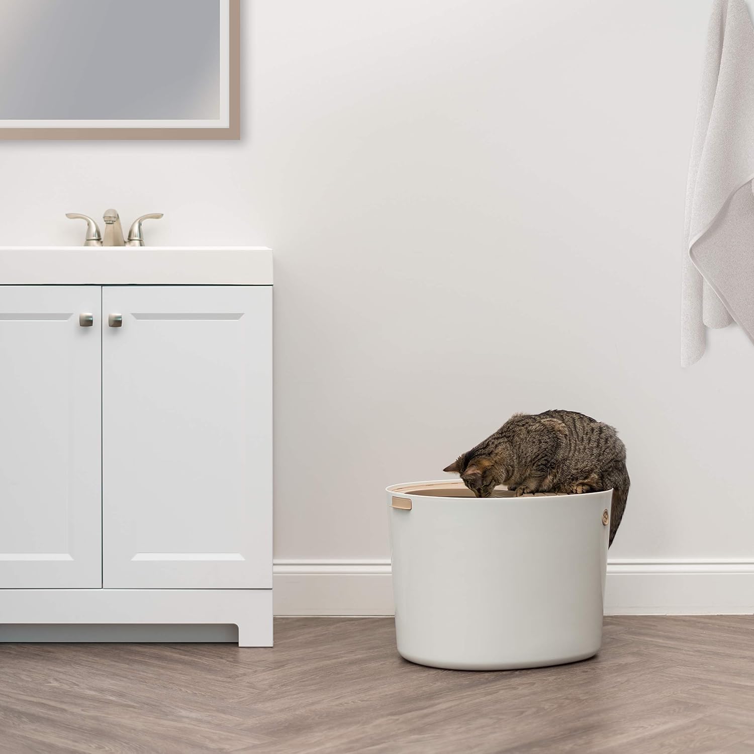 USA Cat Litter Box, Large Top Entry with Litter Catching Lid and Scoop, Dog Proof, Cat Box Enclosure, Beige/White