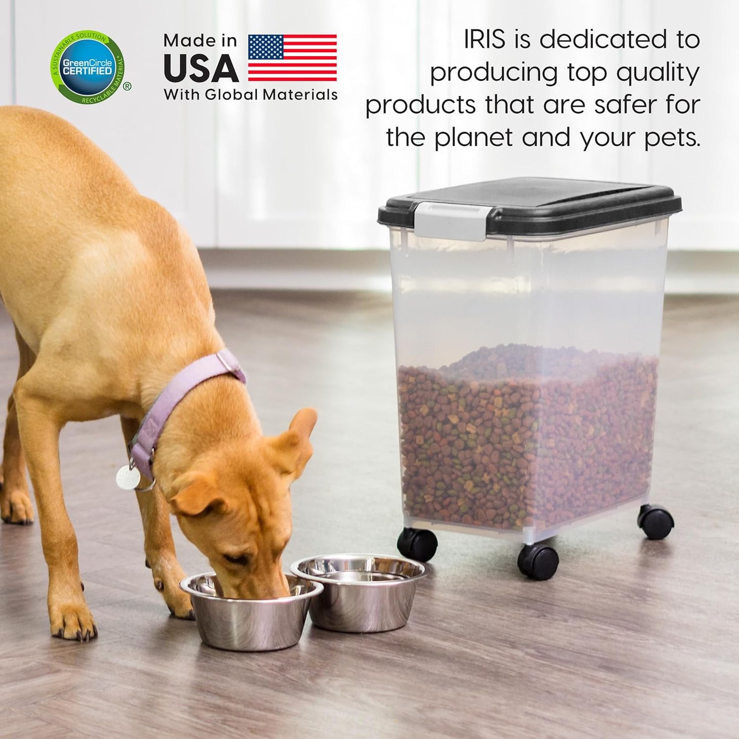 Airtight Pet Food Storage Container with Wheels, Holds up to 30 lbs, BPA Free, Ideal for Dog, Cat, and Bird Food, Black