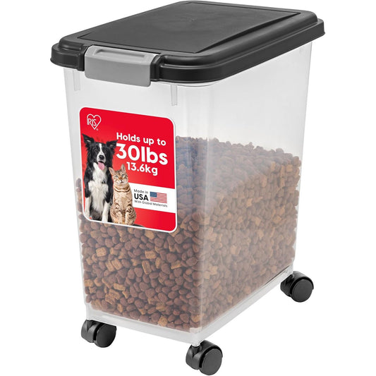 Airtight Pet Food Storage Container with Wheels, Holds up to 30 lbs, BPA Free, Ideal for Dog, Cat, and Bird Food, Black