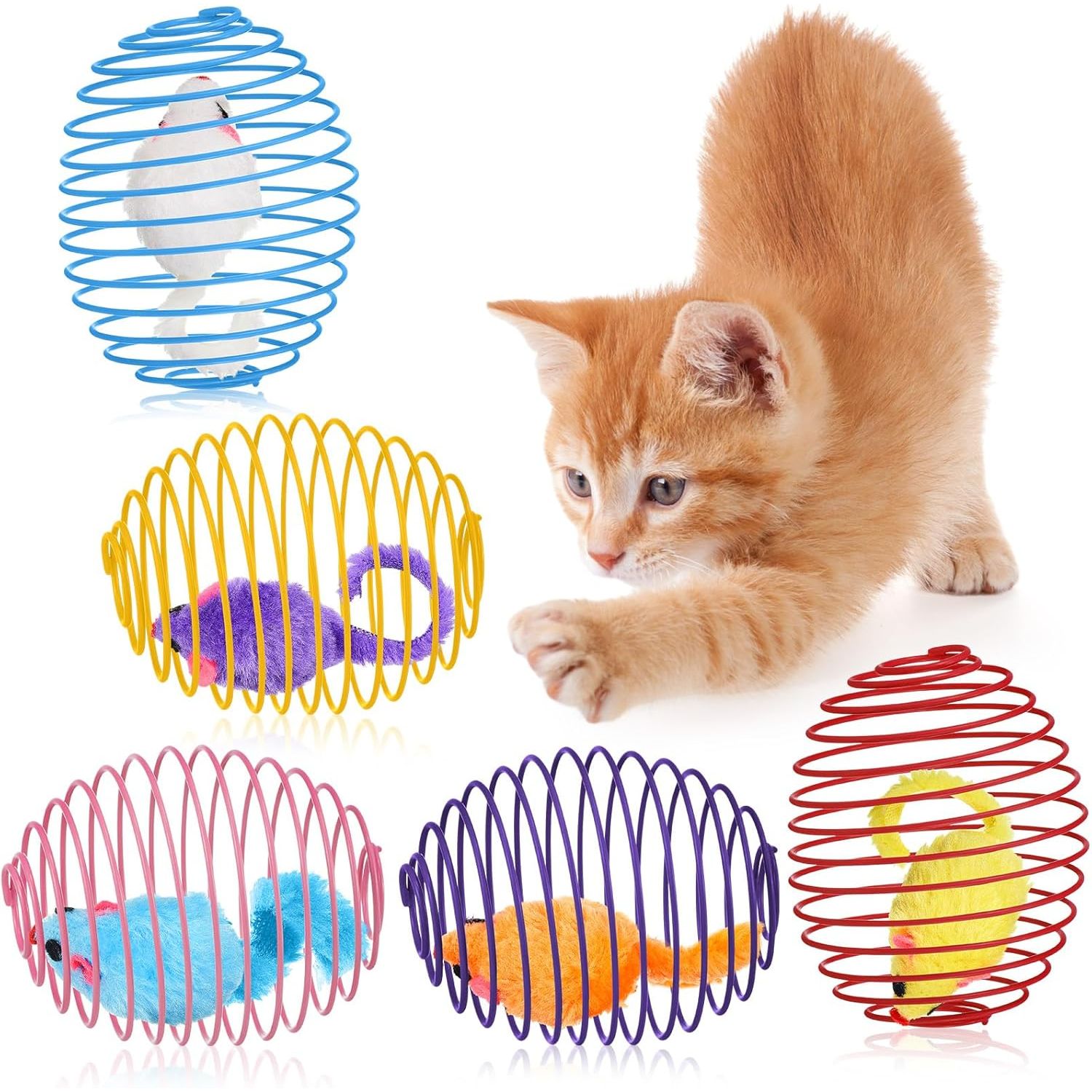 5-Piece Interactive Cat Spring Ball Toy Set - Colorful Stretchable Rolling Coils for Kittens and Cats (Multicolor)