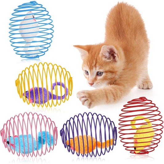 5-Piece Interactive Cat Spring Ball Toy Set - Colorful Stretchable Rolling Coils for Kittens and Cats (Multicolor)