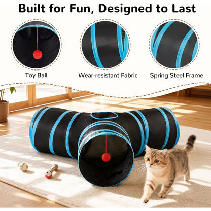  3-Way Collapsible Cat Tunnel with Peek Hole and Toy Ball for Indoor Cats and Small Pets