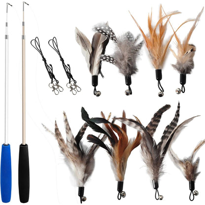 Natural Feather Cat Toy Set - Non-Toxic Wand and Refill Feathers for Indoor Play