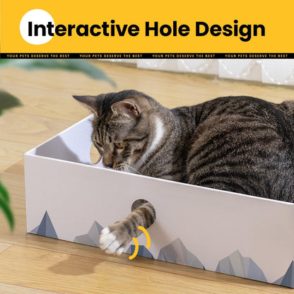 Heavy-Duty Double-Sided Cardboard Cat Scratcher Box and Lounger with Interactive Hole Design, Large Indoor Cat Bed