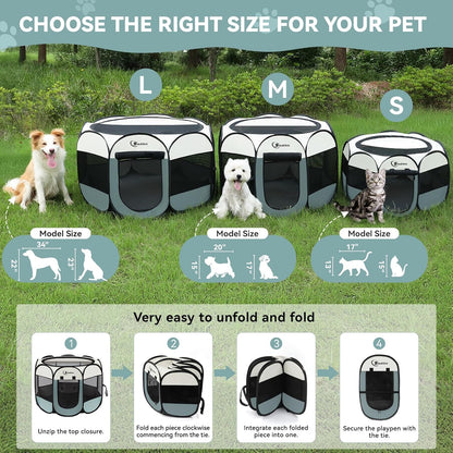 Portable Indoor/Outdoor Pet Playpen for Small Dogs, Cats, and Rabbits with Carrying Case - Grey, Small