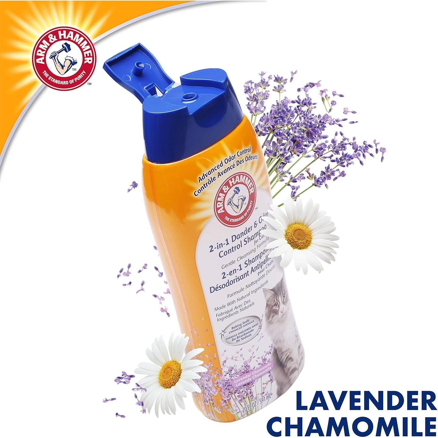 2-in-1 Deodorizing and Dander-Reducing Cat Shampoo with Baking Soda, Lavender Chamomile Scent, 20 Fl Oz