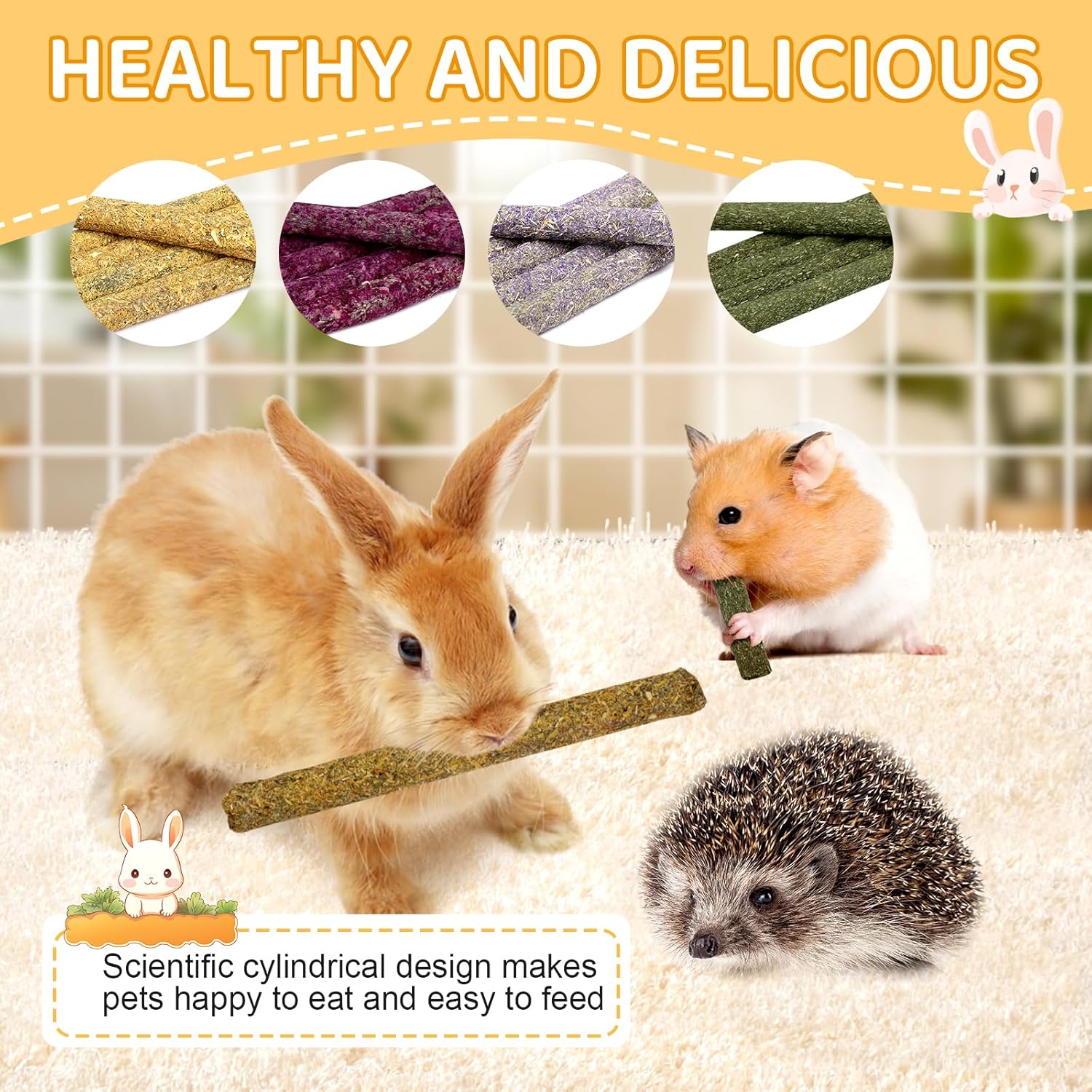 52-Piece Grass Chew Sticks for Small Animals, Enriched with Mixed Flowers, Roses, Calendula, and Forget-Me-Not for Guinea Pigs and Rabbits