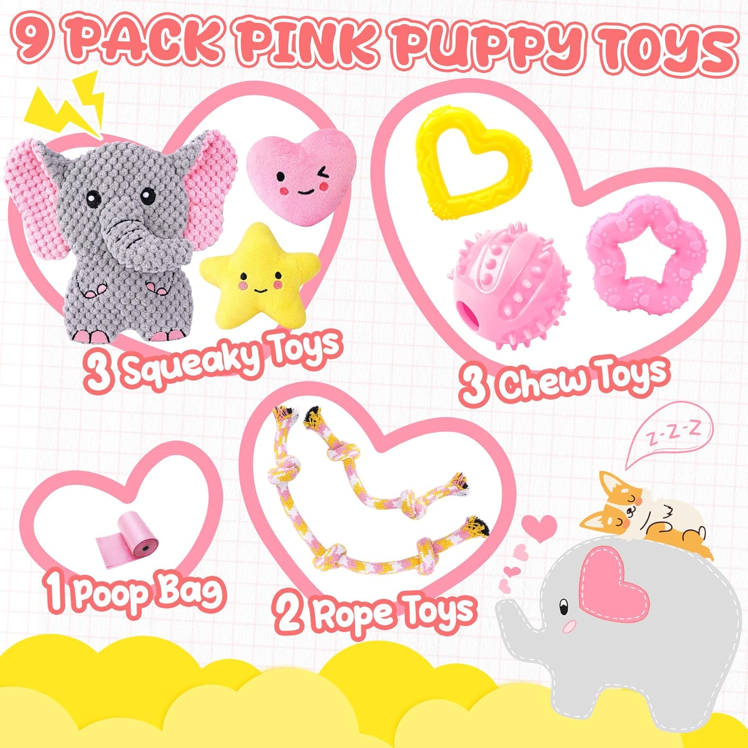 9-Pack Pink Puppy Chew Toys - Enrichment and Teething Solutions for Small Dogs, Includes Squeaky Plush Toy for Engagement and Entertainment