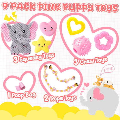 9-Pack Pink Puppy Chew Toys - Enrichment and Teething Solutions for Small Dogs, Includes Squeaky Plush Toy for Engagement and Entertainment