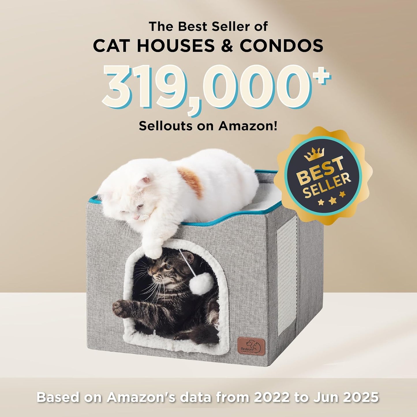 Bedsure Indoor Cat Bed - Spacious Cat Cave with Hanging Fluffy Ball and Scratch Pad, Foldable Hideaway, 16.5 x 16.5 x 13 Inches, Grey