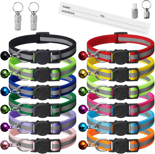 12-Pack Reflective Breakaway Cat Collars with Bells and Safety Buckles, Adjustable with Name Tags, Ideal for Male and Female Cats, Pet Accessories (12 Colors & 2 ID Tags)