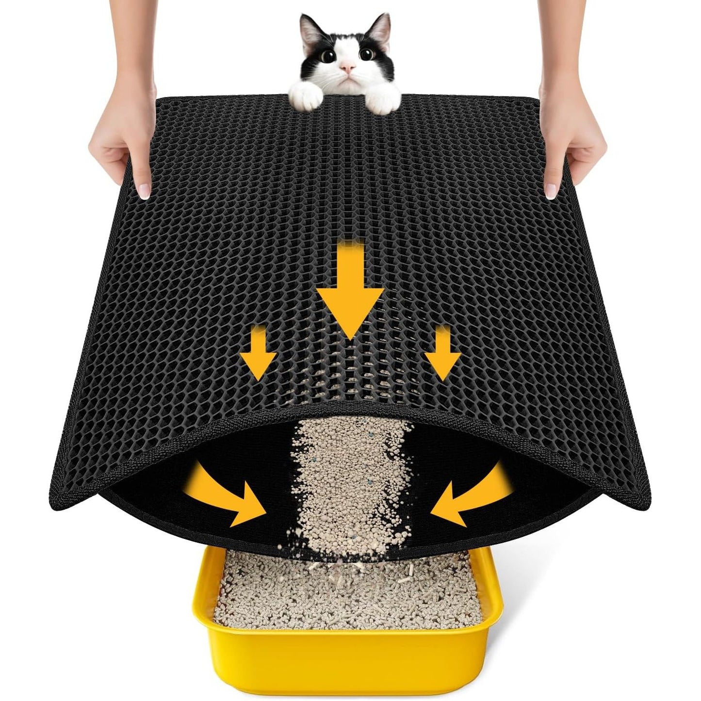 Compact Cat Litter Mat 23.6" x 14.6" - Waterproof and Leakproof Honeycomb Design, Washable and Easy to Clean, Ideal for Small Spaces, Black