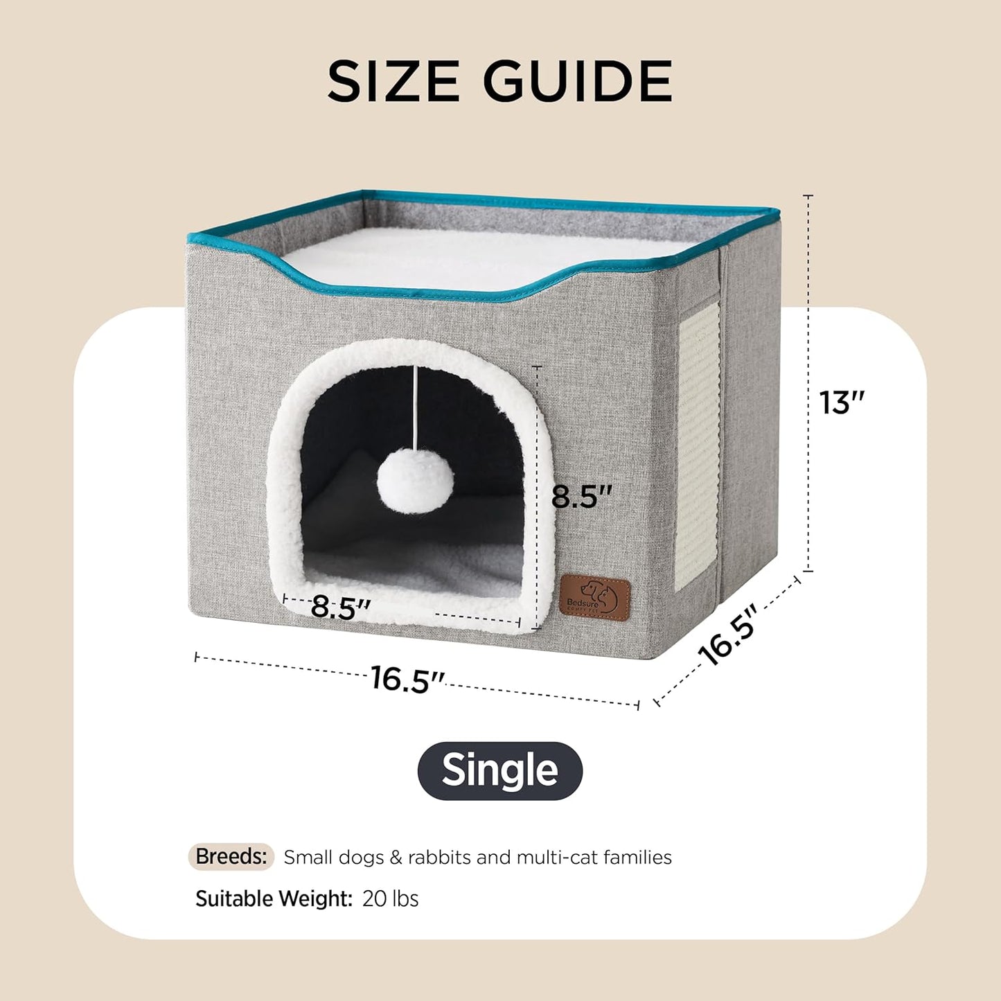 Bedsure Indoor Cat Bed - Spacious Cat Cave with Hanging Fluffy Ball and Scratch Pad, Foldable Hideaway, 16.5 x 16.5 x 13 Inches, Grey