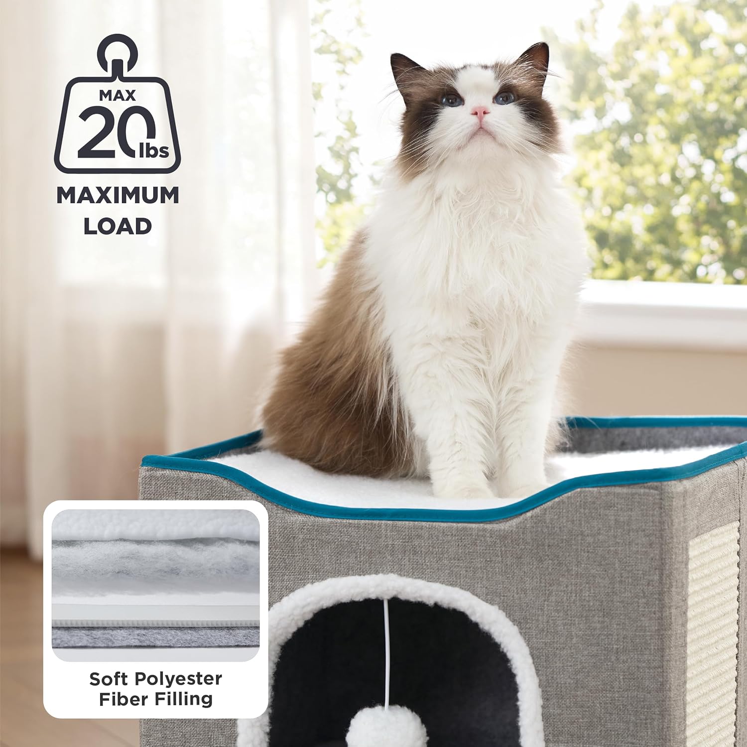 Bedsure Indoor Cat Bed - Spacious Cat Cave with Hanging Fluffy Ball and Scratch Pad, Foldable Hideaway, 16.5 x 16.5 x 13 Inches, Grey