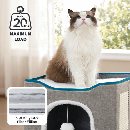 Bedsure Indoor Cat Bed - Spacious Cat Cave with Hanging Fluffy Ball and Scratch Pad, Foldable Hideaway, 16.5 x 16.5 x 13 Inches, Grey
