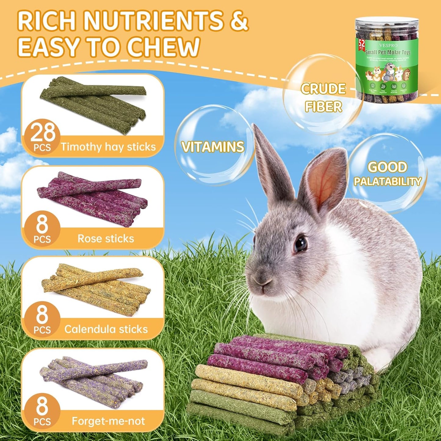 52-Piece Grass Chew Sticks for Small Animals, Enriched with Mixed Flowers, Roses, Calendula, and Forget-Me-Not for Guinea Pigs and Rabbits