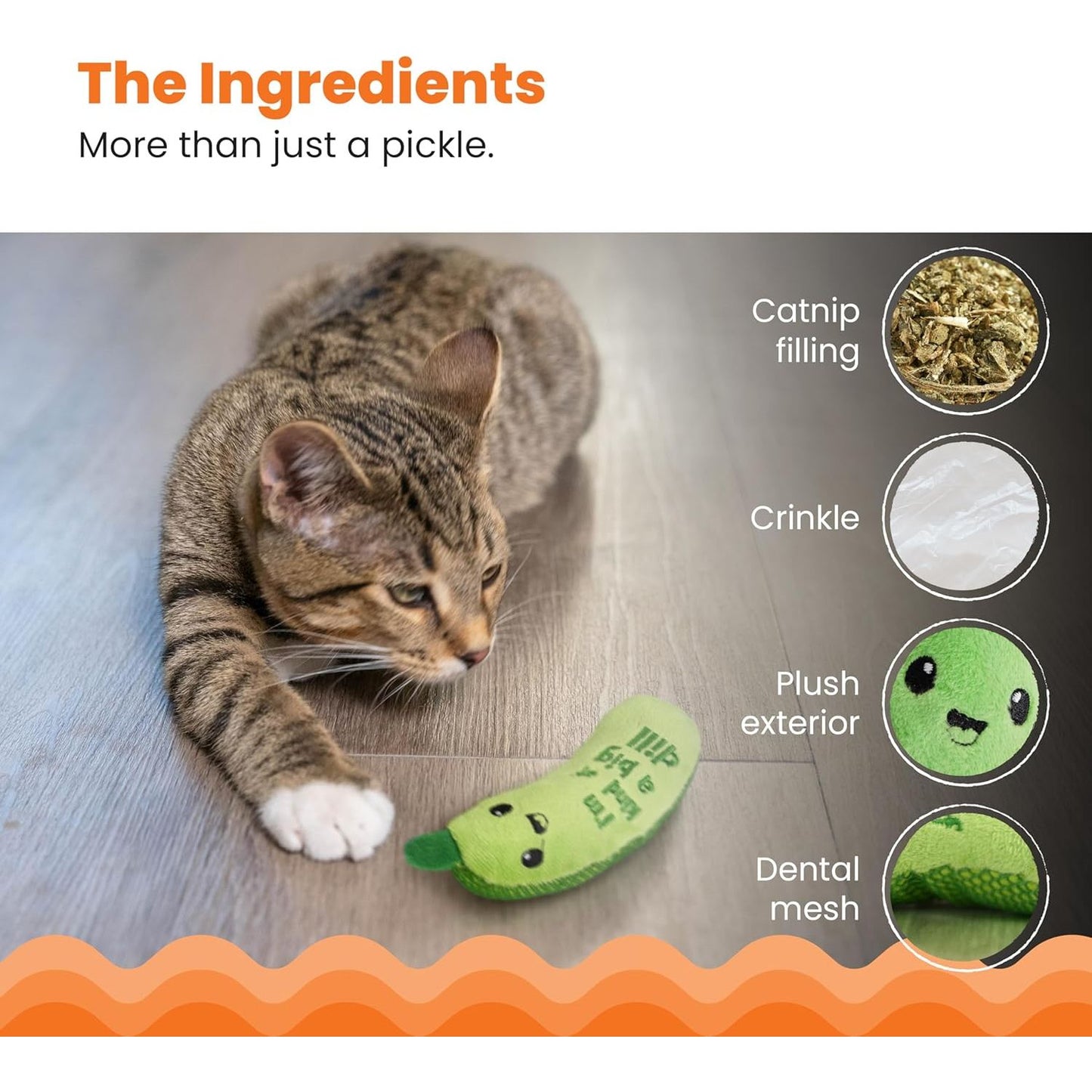 Catstages Crunchy Pickle Kicker Cat Toy - Plush Crinkle Toy with Catnip and Dental Mesh for Feline Health and Happiness, 6.5 inches