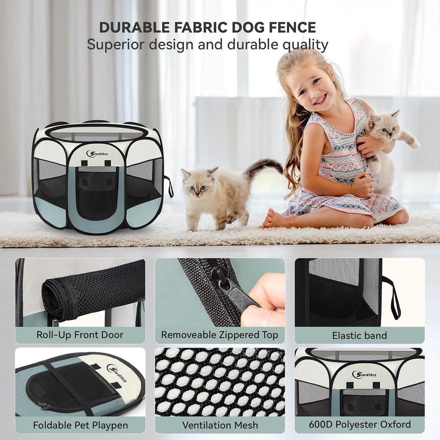 Portable Indoor/Outdoor Pet Playpen for Small Dogs, Cats, and Rabbits with Carrying Case - Grey, Small