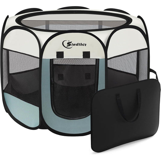 Portable Indoor/Outdoor Pet Playpen for Small Dogs, Cats, and Rabbits with Carrying Case - Grey, Small