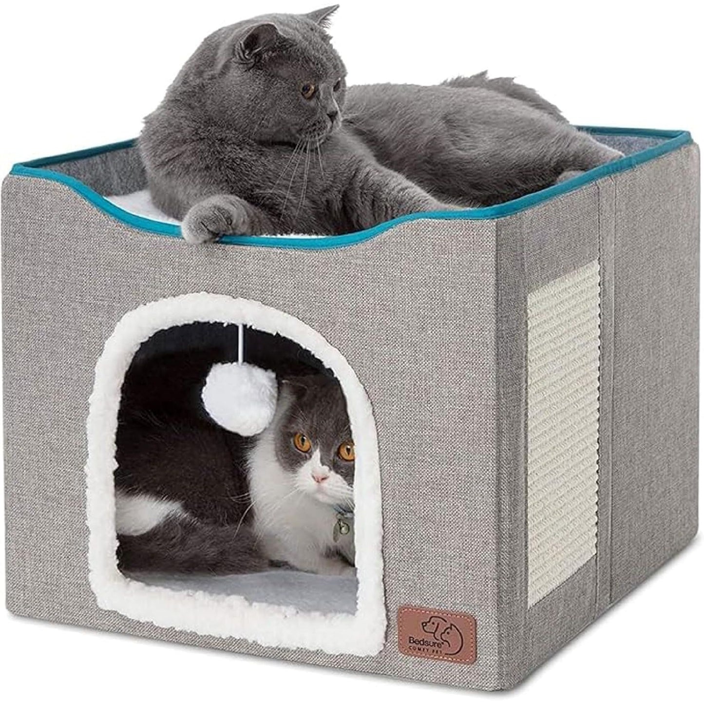 Bedsure Indoor Cat Bed - Spacious Cat Cave with Hanging Fluffy Ball and Scratch Pad, Foldable Hideaway, 16.5 x 16.5 x 13 Inches, Grey