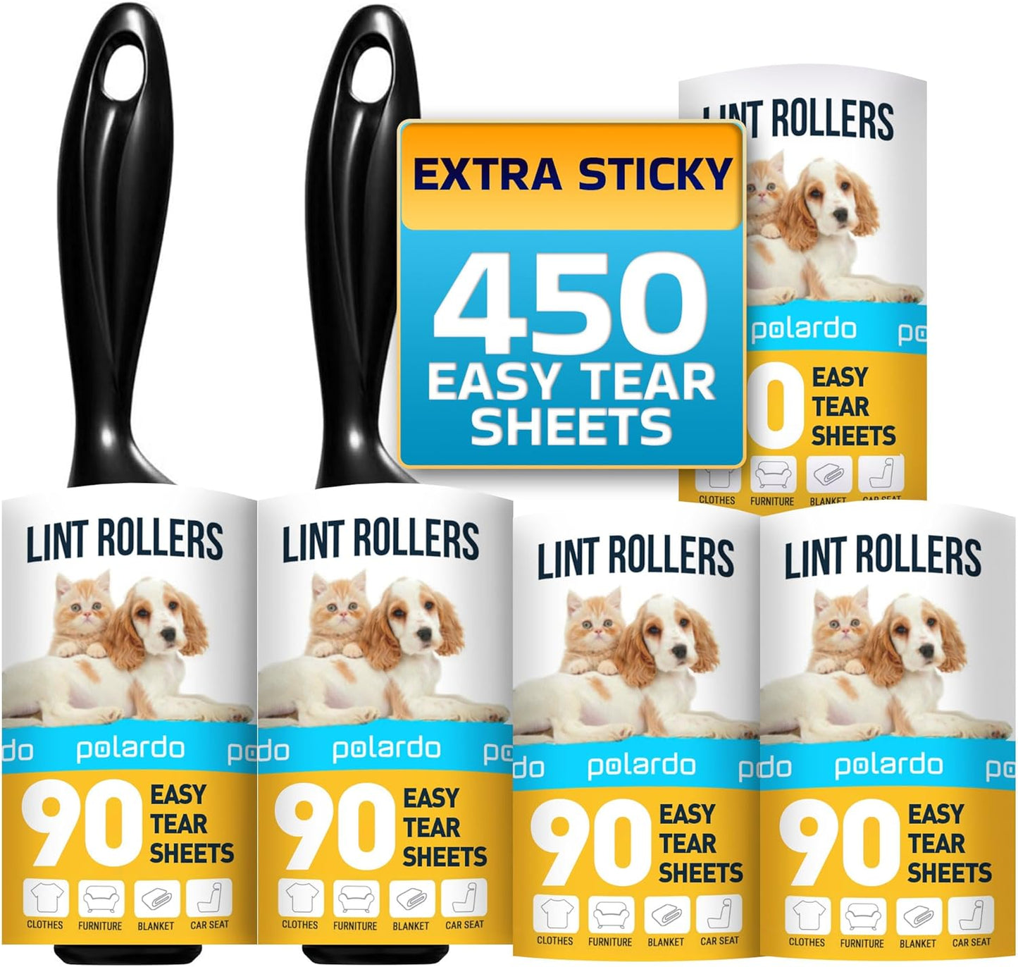 Professional Lint Rollers for Pet Hair Removal - 5 Large Sticky Rollers for Couch, Clothing, Furniture, and Carpet